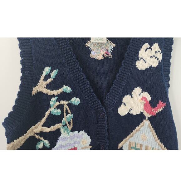 Vintage Floral Bird House 3 Button Sweater Vest Hand Knitt Size‎ Small - Picture 4 of 9